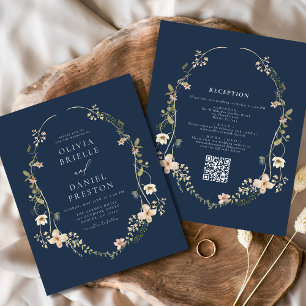 Papier Marine Bleu Fleur sauvage QR Code Jardin Mariage