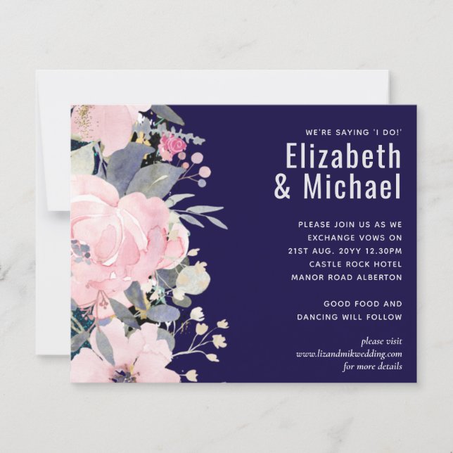Papier Marine bleu rose Floral moderne Budget Mariage (Devant)
