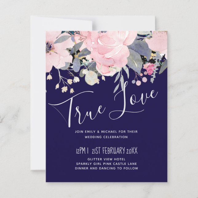 Papier Marine bleu rose Floral moderne Budget Mariage (Devant)