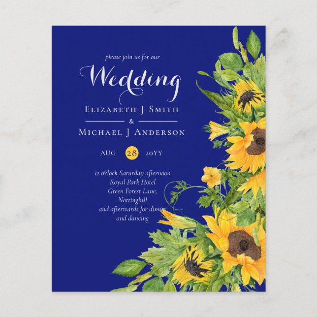 Papier Marine Bleu Tournesols Invitations de mariage Budg (Devant)