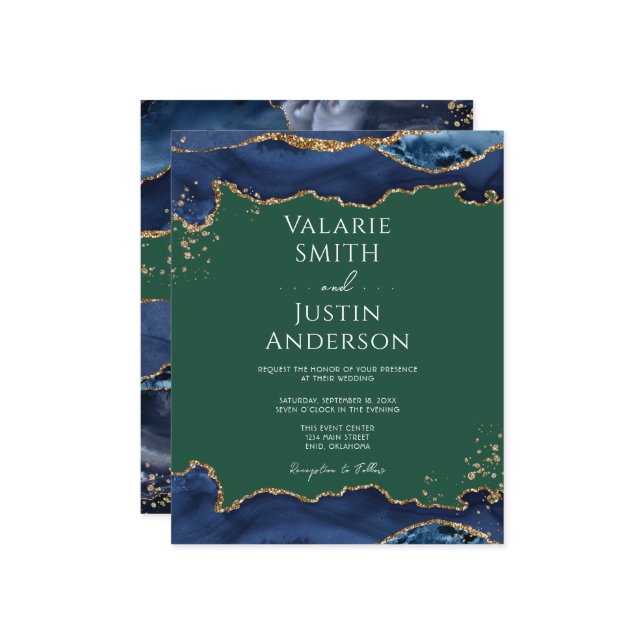 Papier Marine Blue Agate Green Faire-part de mariage (Devant/Arrière en situation)