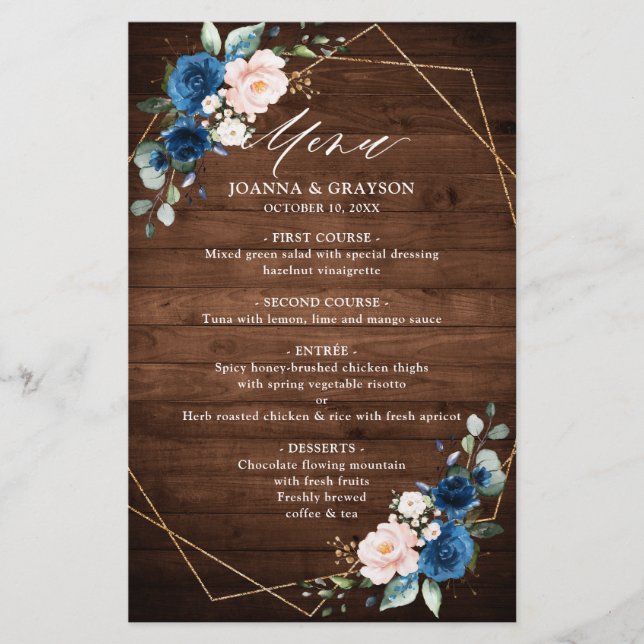 Papier Marine Blue Blush Rustic Wood Mariage géométrique  (Devant)