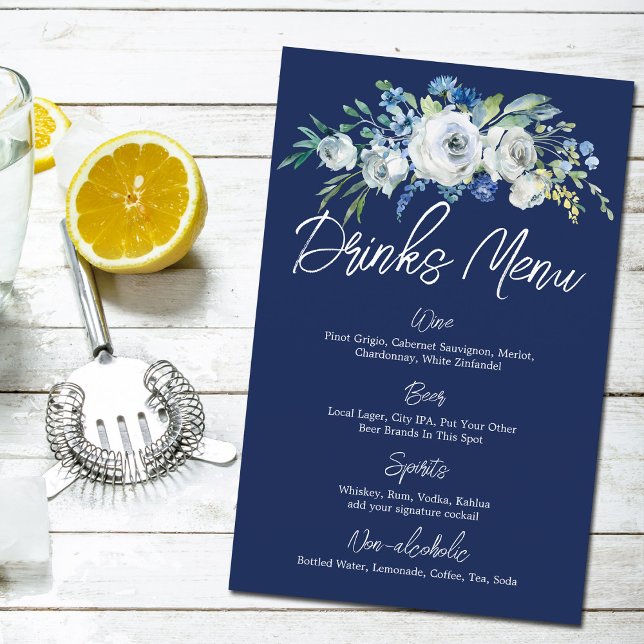 Papier Marine Blue Floral Moderne Mariage d'hiver Boisson (Créateur téléchargé)