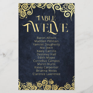 Papier Marine Blue & Gold Swirls Siège Tableau Numéro de