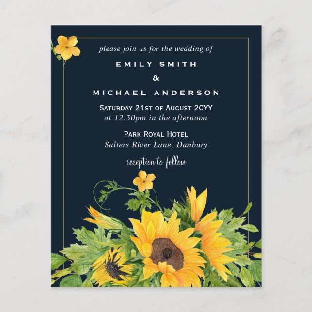 Papier Marine Blue Yellow Sunflowers Mariage Invite (Devant)