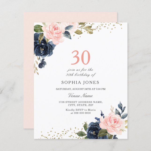 Papier Marine & Blush Budget 30e anniversaire Invitation (Devant / Derrière)