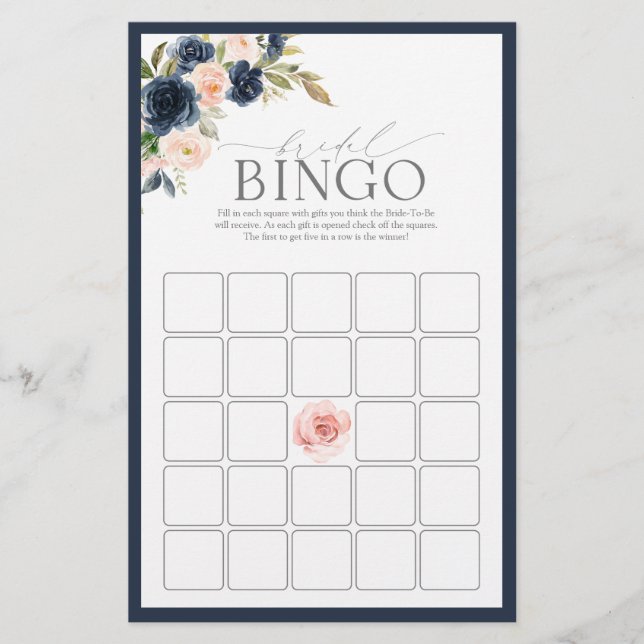 Papier Marine Blush Rose Floral Bride Jeu de Bingo (Devant)