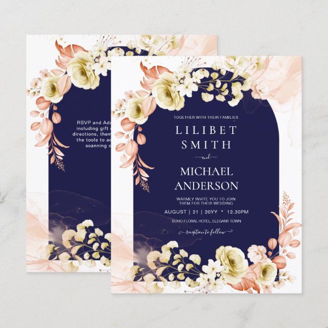 Papier Marine Coral bleu Boho Floral Mariage Invite (Devant / Derrière)