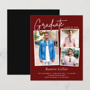 Papier Maroon Red White 3 Photo Graduation Invitation