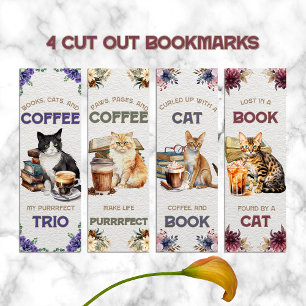 Papier Marque-page Livres et Café Chat Aquarelle