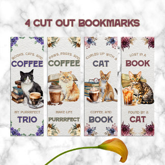 Papier Marque-page Livres et Café Chat Aquarelle