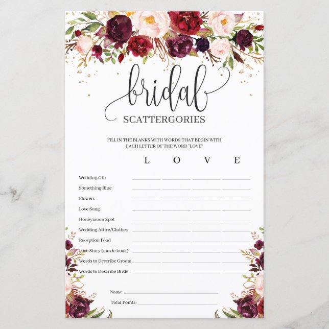 Papier Marsala burgundy or floral Scattergories nuptiales (Devant)