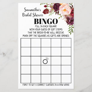 Papier Marsala Fleurs Bridal Bingo Wedding shower Jeu