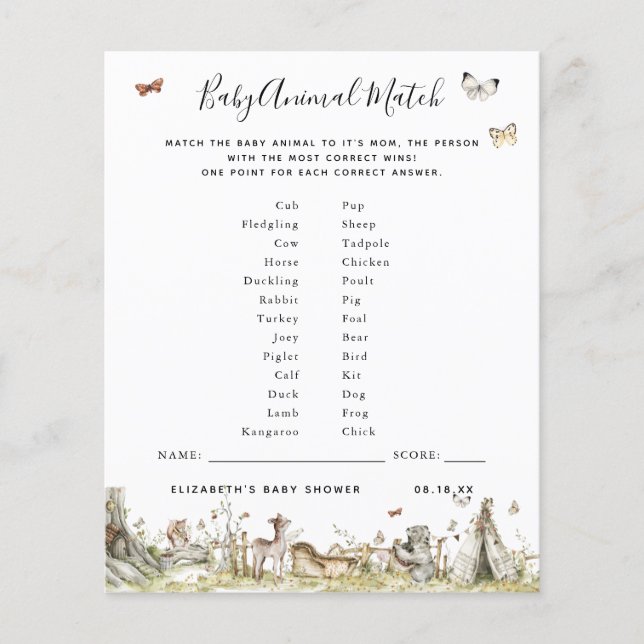 Papier Match animal bébé | Jeu Baby shower (Devant)