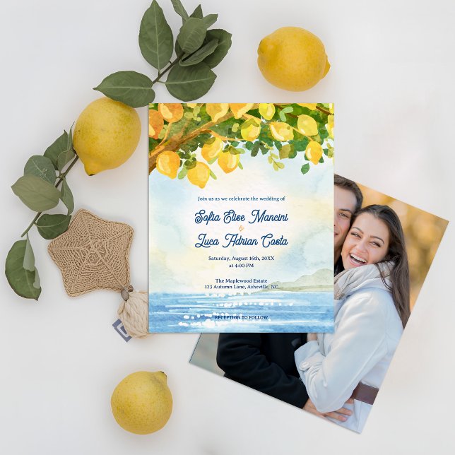 Papier Mediterranean Coastal Photo Lemon Wedding Invite (Mediterranean Lemon Grove Watercolor Wedding Invitation with Photo Back | Coastal Amalfi Theme)