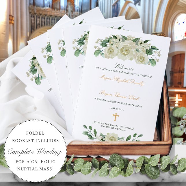 Papier Megan Gold Catholique Mariage de cérémonie de mass (White floral Catholic wedding program with gold cross and calligraphy script)