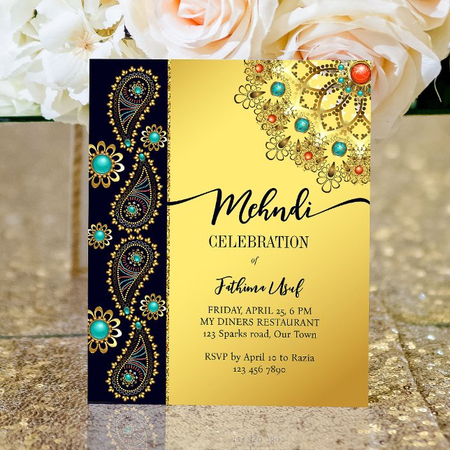 Papier Mehndi bleu or bijoux cachemire budget invitation (Créateur téléchargé)