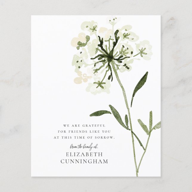 Papier Mémorial Aquarelle Fleur Botaniques Élégant Chic (Devant)