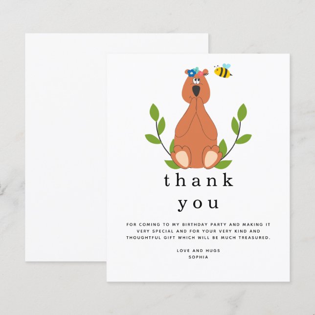 Papier Merci Anniversaire de enfant de l'ours mignon budg (Devant / Derrière)