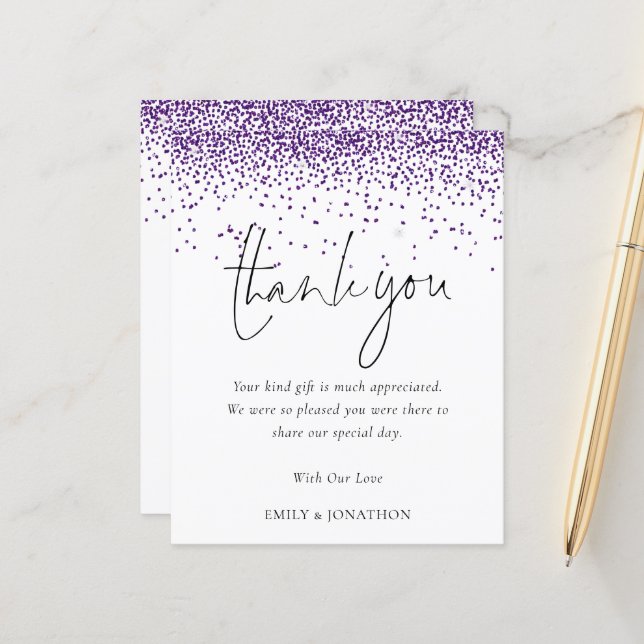 Papier Merci de Mariage de Parties scintillant violet élé (Devant/Arrière en situation)