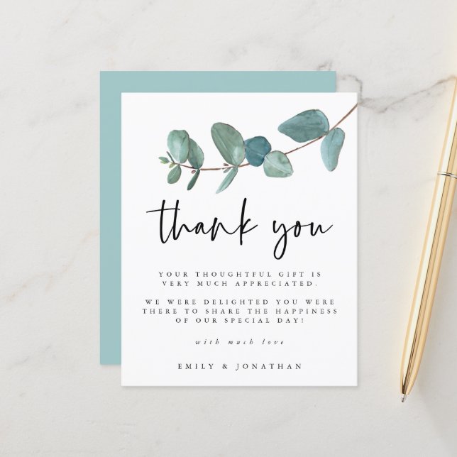 Papier Merci de Mariage Eucalyptus Turquoise Budget (Devant/Arrière en situation)