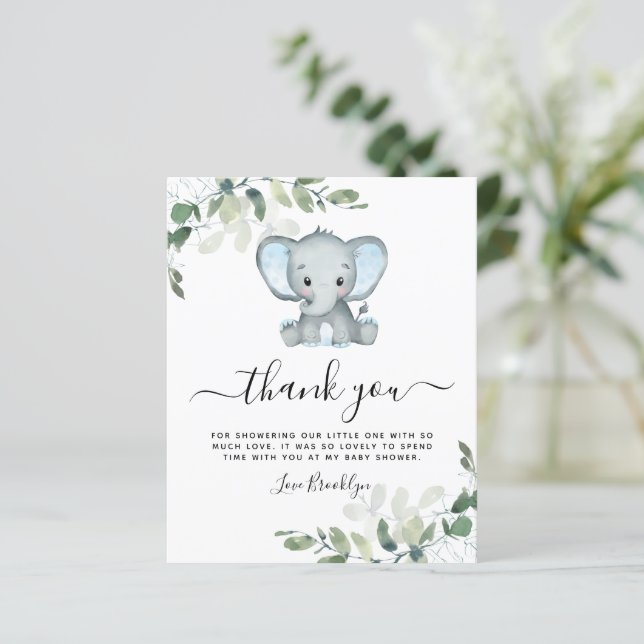 Papier MERCI du Baby shower Eucalyptus Elephant BUDGET (Debout devant)