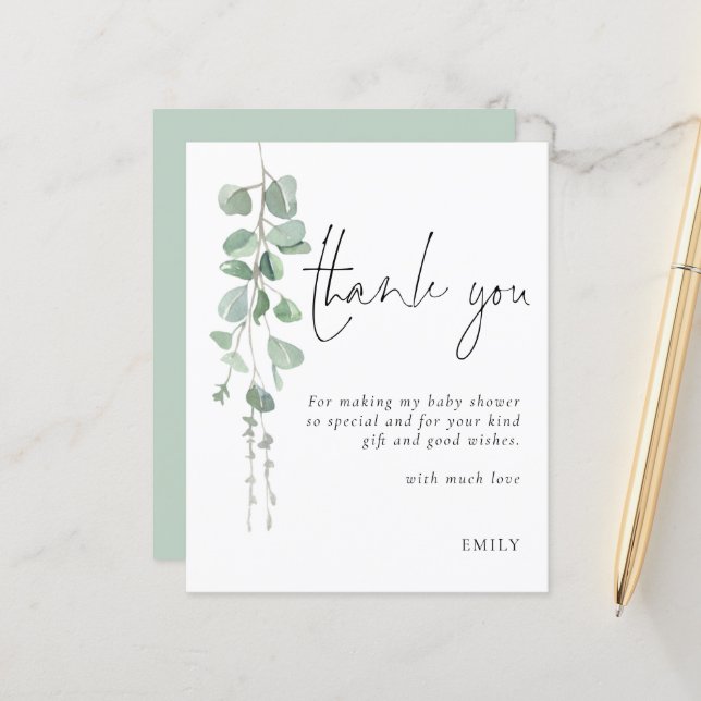 Papier Merci du parti Baby shower Eucalyptus Budget (Devant/Arrière en situation)
