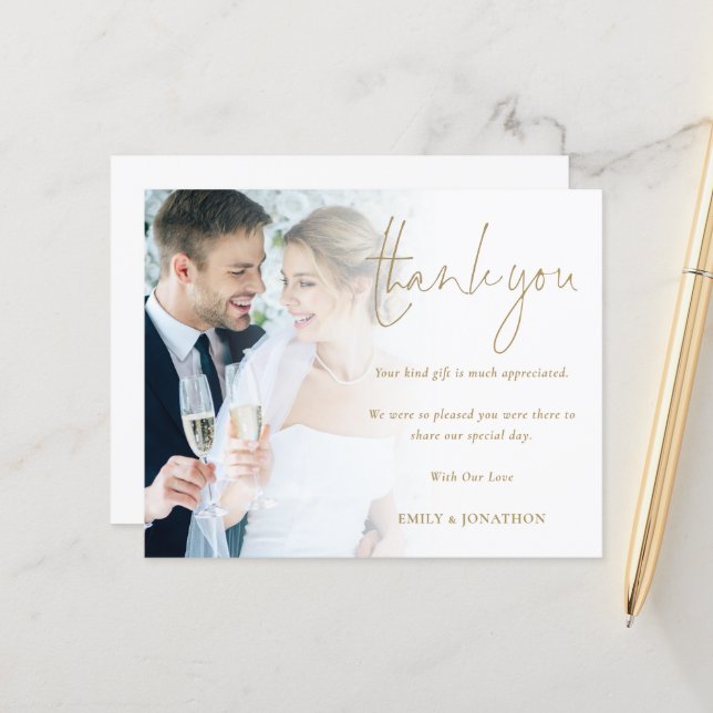 Papier Merci Mariage de script Gold Photo Budget (Devant/Arrière en situation)