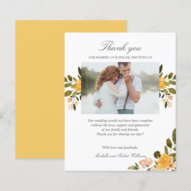 Papier Merci photo à fleurs jaune et vert Mariage (Devant / Derrière)