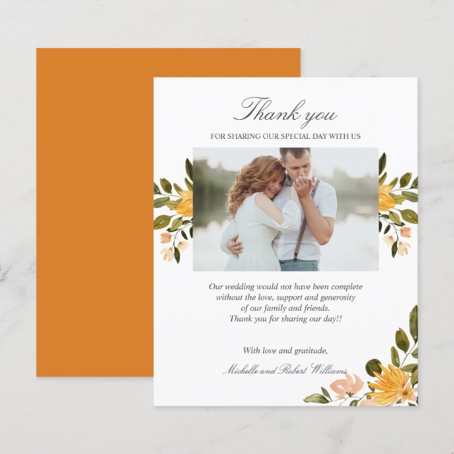 Papier Merci photo à fleurs jaune et vert Mariage (Devant / Derrière)