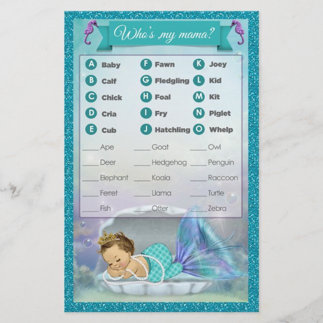 Papier Mermaid Baby shower animal match jeu #130 (Devant)