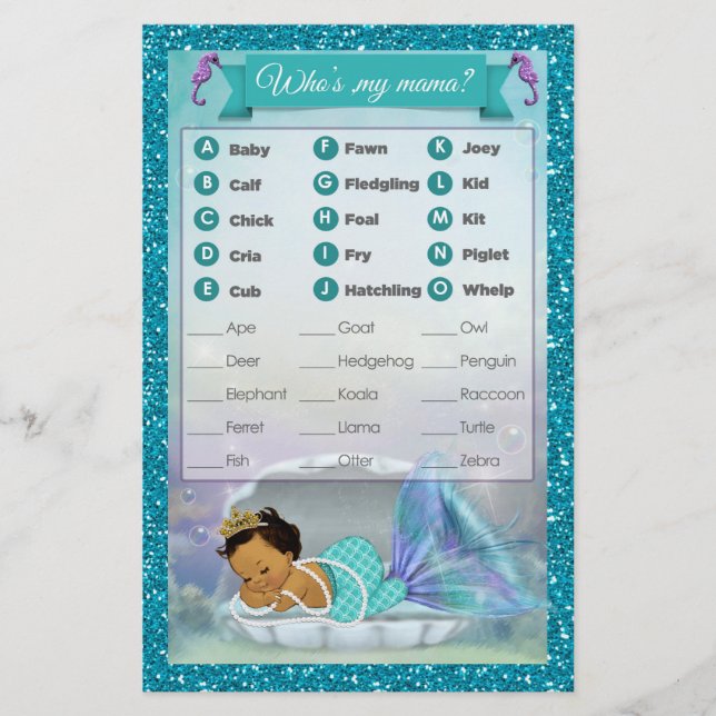 Papier Mermaid Baby shower animal match jeu #136 moyen (Devant)