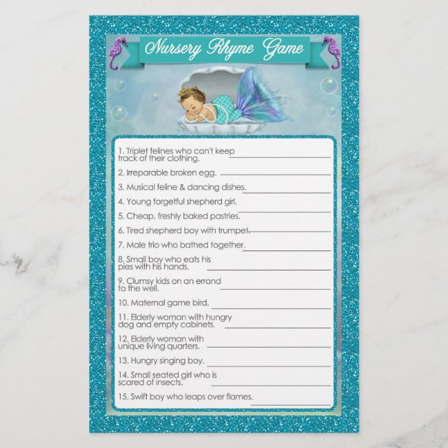 Papier Mermaid Baby shower Nursery Rhyme Jeu #130 (Devant)
