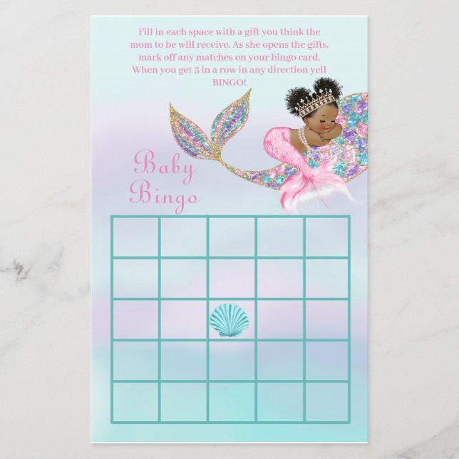 Papier Mermaid Jeux de baby shower afro-américains Bingo (Devant)