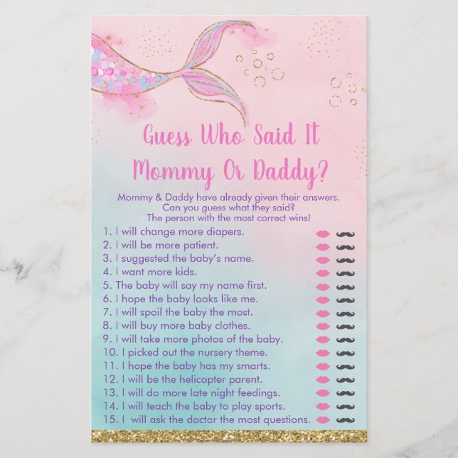 Papier Mermaid Pink Or Maman Ou Papa Baby shower Jeu (Devant)