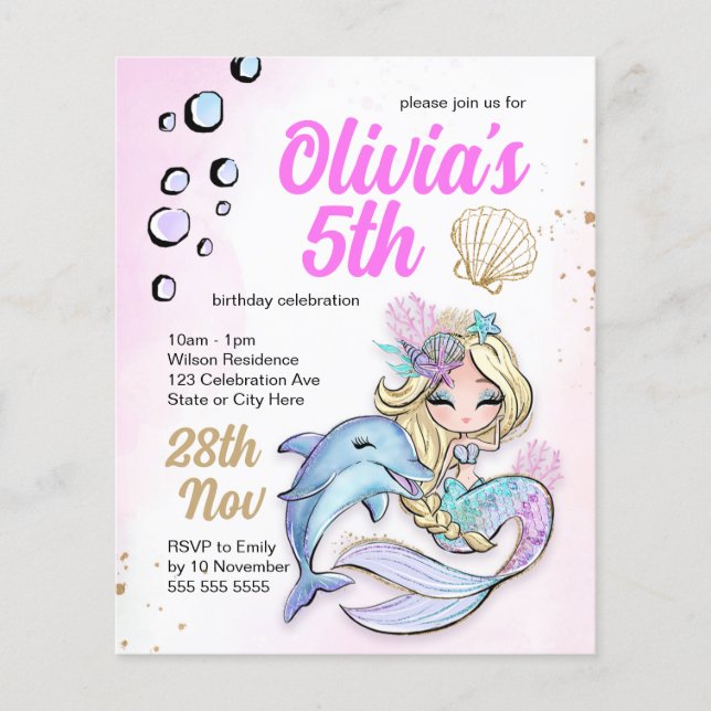 Papier Mermaid sous l'invitation budgétaire d'anniversair (Devant)