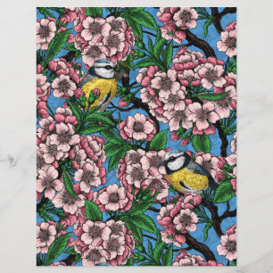Papier Mésanges bleues dans le cerisier en fleurs sur fon