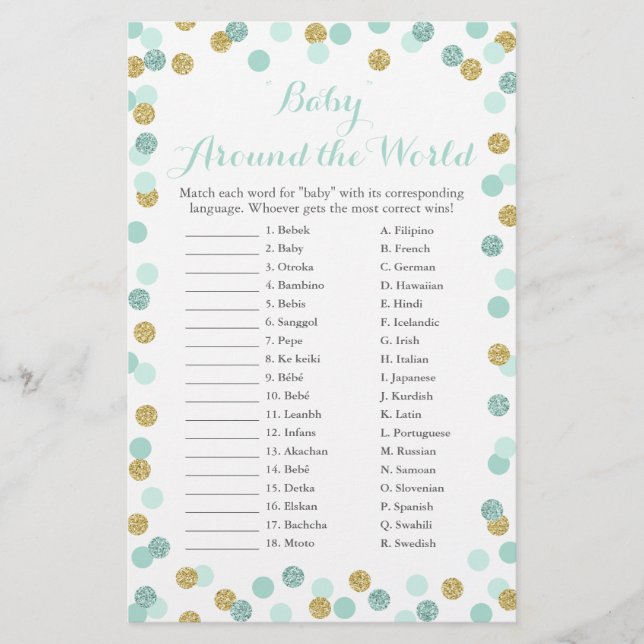 Papier Mint & Gold Baby autour du monde jeu de traduction (Devant)