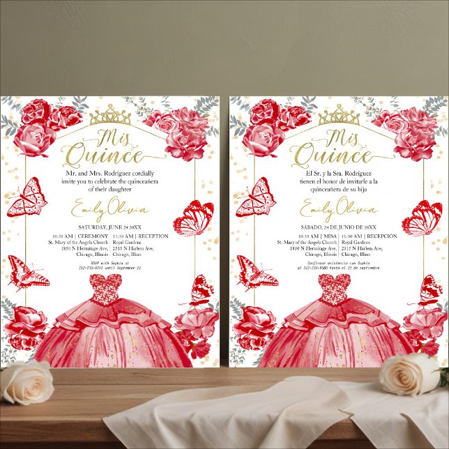 Papier Mis Quince Invitation Budget Bilingue Rouge Floral (Créateur téléchargé)
