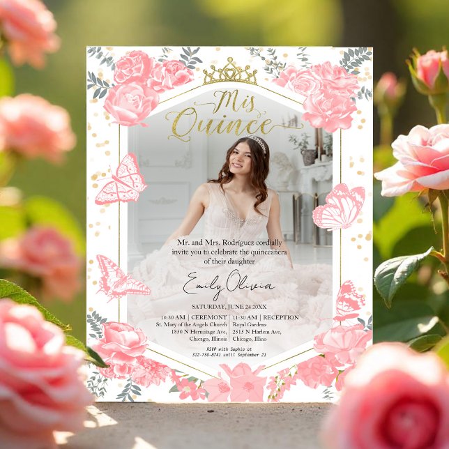 Papier Mis Quince Photo Budget Invitation Pink Floral (Créateur téléchargé)
