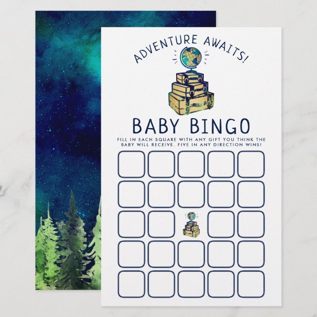Papier Modern Adventure Travel Globe Baby shower Bingo (Devant / Derrière)