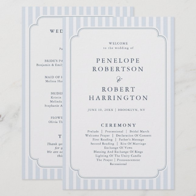Papier Modern Classic Stripes Dusty Blue Wedding Program (Devant / Derrière)