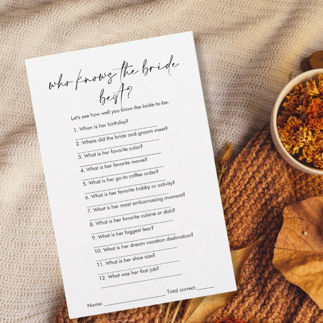 Papier Modern Who Knothe the Bride meilleur jeu de Fête d (modern minimalist black and white "who knows the bride best" bridal shower game)