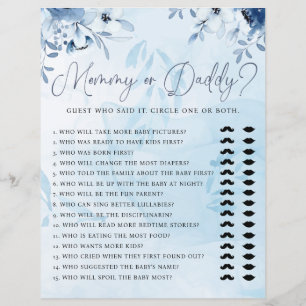 Papier Moderne Blue Floral maman ou papa Baby shower Jeu