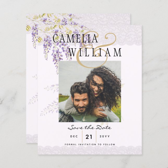 Papier Moderne Purple Wisteria PHOTO Mariage Enregistrer  (Devant / Derrière)