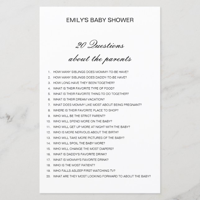 Papier Modifiable 20 Questions sur le Baby shower des par (Devant)