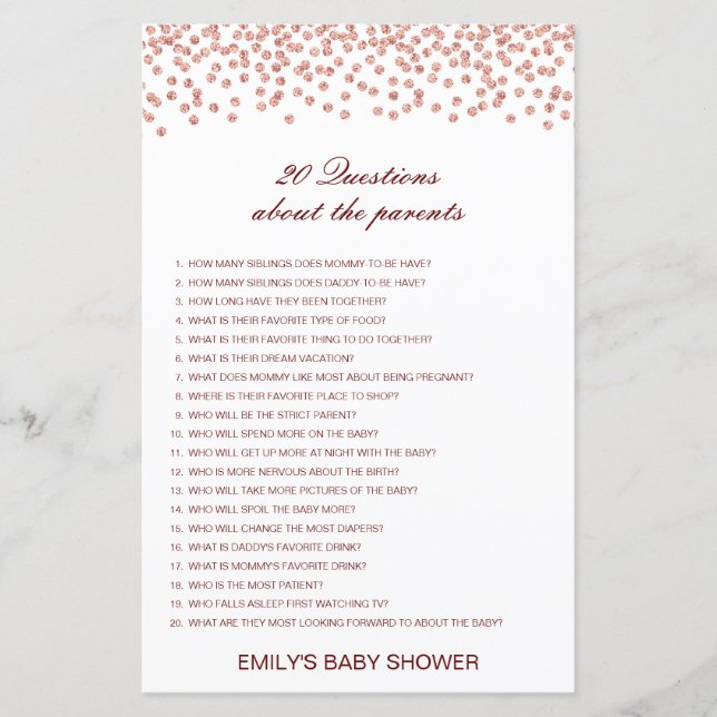Papier Modifiable 20 Questions sur le Baby shower des par (Devant)
