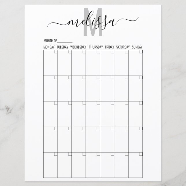 Papier Mois vierge Monogramme Planification Calendrier Pl (Devant)