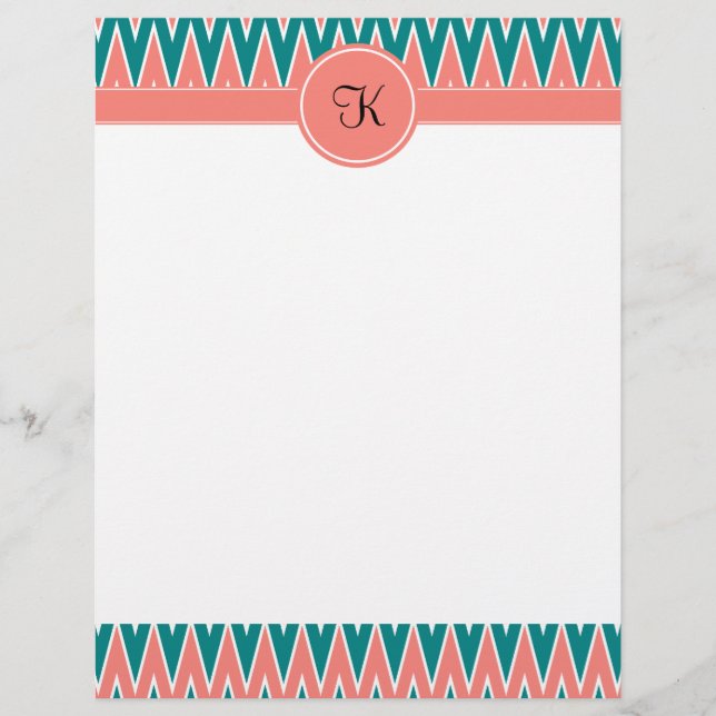 Papier Monogramme Coral rose et Turquoise Motif Zigzag (Devant)