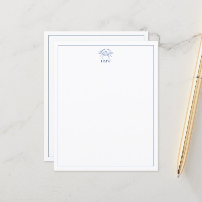 Papier Monogramme de crabe bleu et blanc côtier (Devant/Arrière en situation)